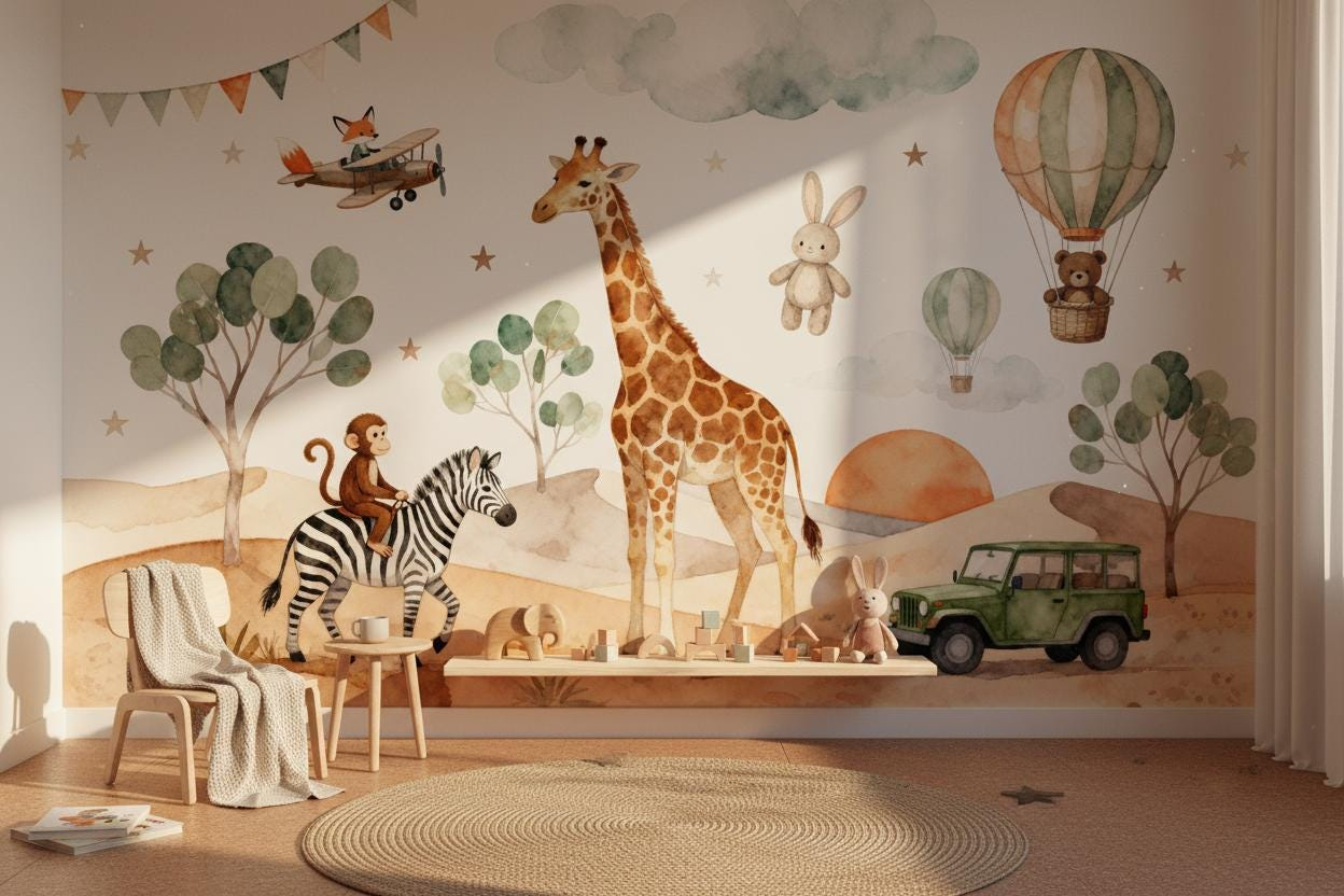 Baby Nursery Peel And Stick Wallpaper - Murale murale d'animaux de dessin animé,
